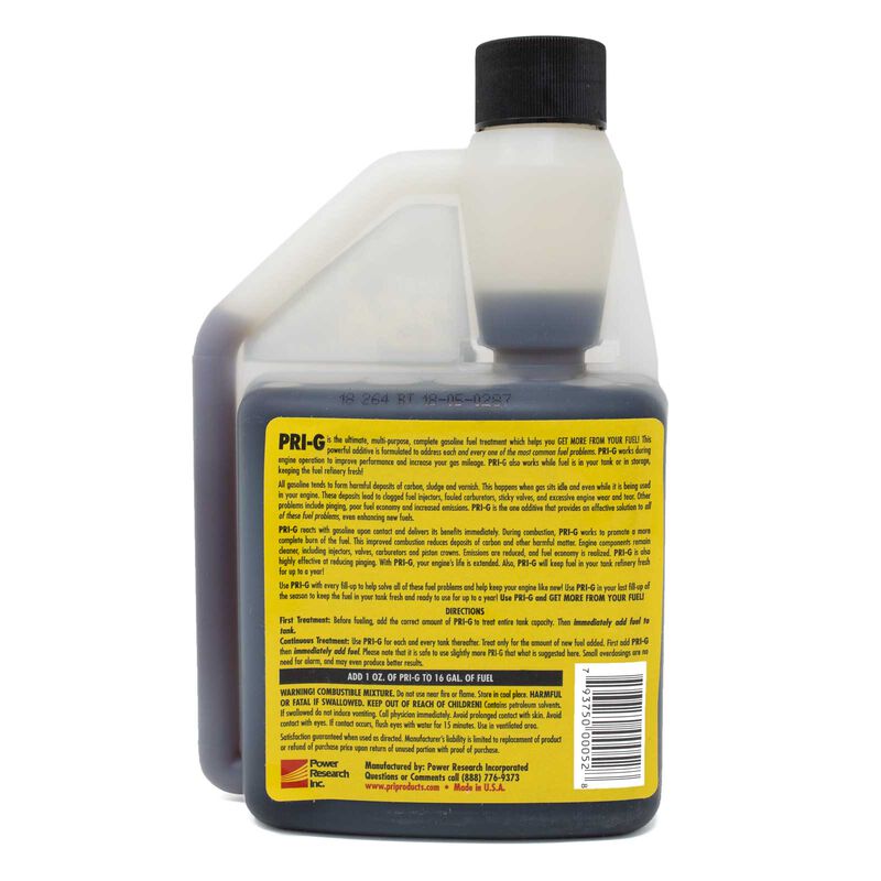 PRI-G GASOLINE TREATMENT. 16 OZ BOTTLE. TREATS 256 GALLONS OF FUEL. RATIO: 1/4 OZ FOR 4 GALLONS PRI Fuel Stabilizer - Gasoline [16 oz.] (Fuel Economy Booster) image number 1